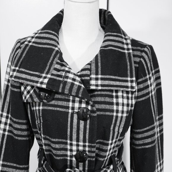 Express Plaid Coat Mod Academia Goth Classic Wool Blend Funnel Neck Long Peacoat - Picture 6 of 12